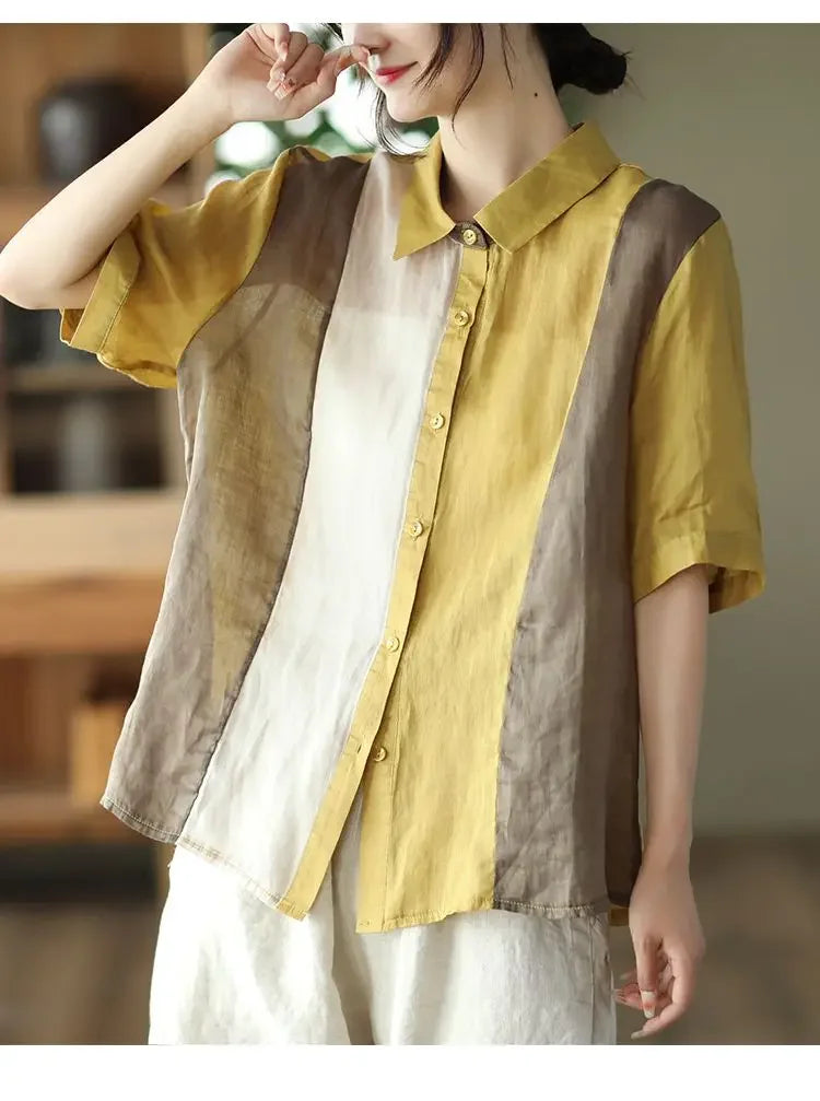 Cotton and Linen Shirt for Women Fashionable and Versatile Cardigan Lapel Top Thin Blouse Patchwork Casual Chic Female Clothes