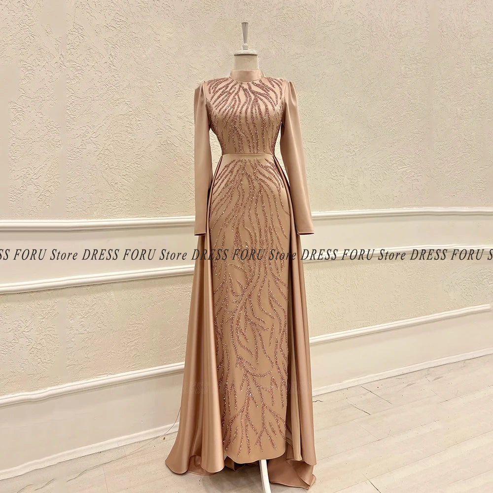 Saudi Kaftan Evening Dress For Woman Long Sleeve Glitter Lace Floor Length With Train High Neck Luxury Muslim Formal Party Gown