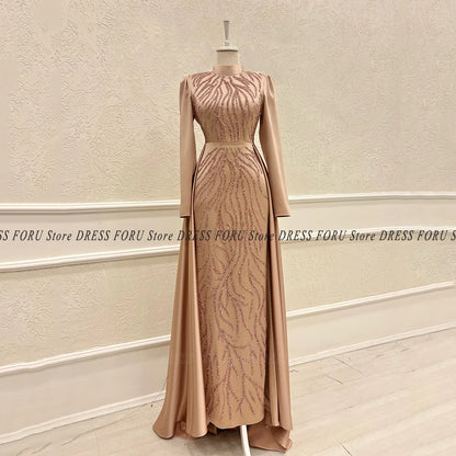 Saudi Kaftan Evening Dress For Woman Long Sleeve Glitter Lace Floor Length With Train High Neck Luxury Muslim Formal Party Gown