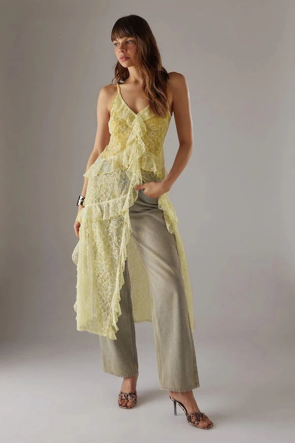 Women Lace Camisole, Sleeveless Tops V-neck Slit Ruffled Summer Long Sheer Tops Clubwear