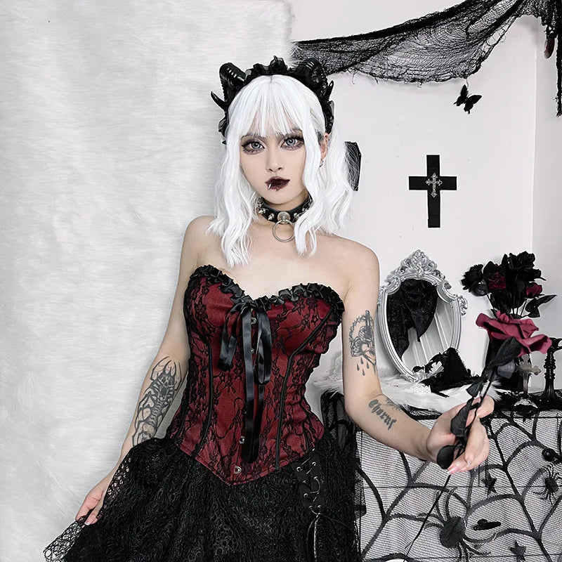 Tube Top Gothic Printed Lace Trim Sleeveless Metal Buttons Lace-up Corsets Tank Top Court Elegant Fairy Grunge Top