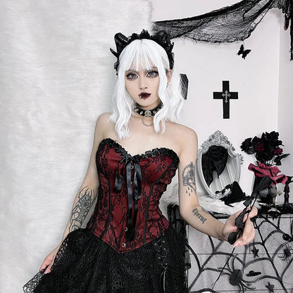 Tube Top Gothic Printed Lace Trim Sleeveless Metal Buttons Lace-up Corsets Tank Top Court Elegant Fairy Grunge Top