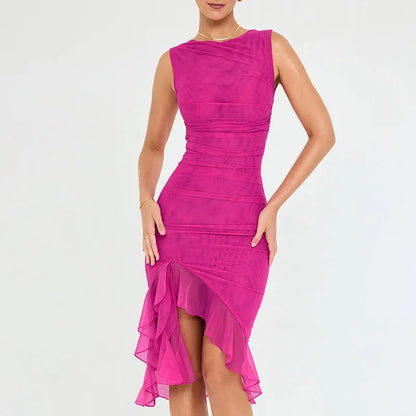 2025 Spring And Summer Sleeveless Dresses Women New Fashion Mesh Tight Solid Color Elegant Temperament Irregular Hem Vestidos
