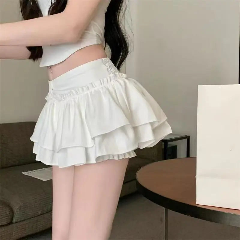 Shorts Korean Chic Kawaii Ballet-Style Tiered Skirt Sweet Princess Mini Skirts Elegant Elastic High Waist Lady&