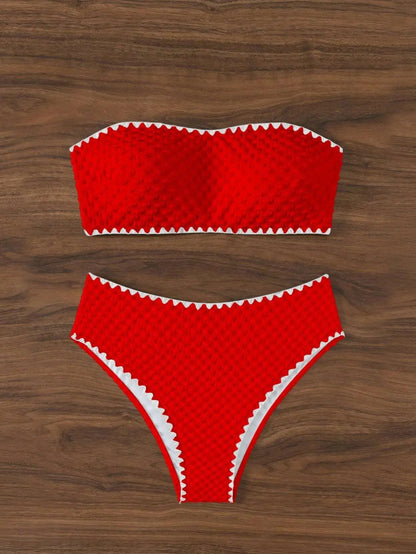 Swimwear White 2 Piece Strapless Swimsuit for Women Sexy Bandeau Backless Bikini Set Lace-up Patchwork Bathing Suit 2025 New