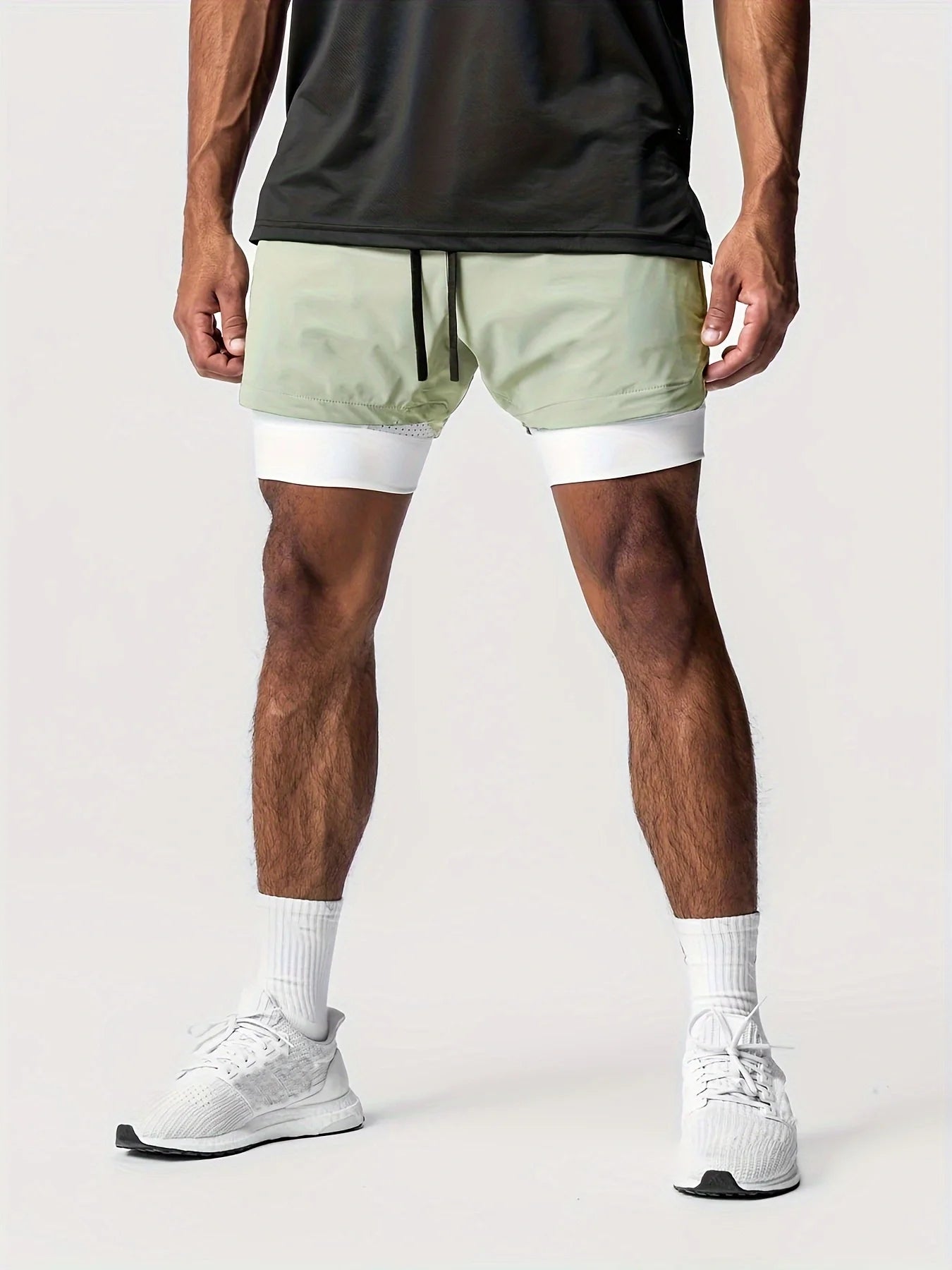 Sports shorts for men, double layered, quarter quick drying, elastic basketball, running training equipment, deep squat fitness,