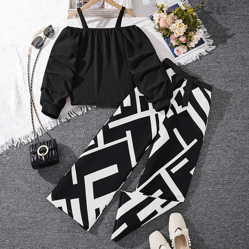 Kids Clothing Sets For Girls Khaki Off-shoulder Long sleeve Top &amp; Stripe Printing Pants Summer Resort Style Children Suits OOTD
