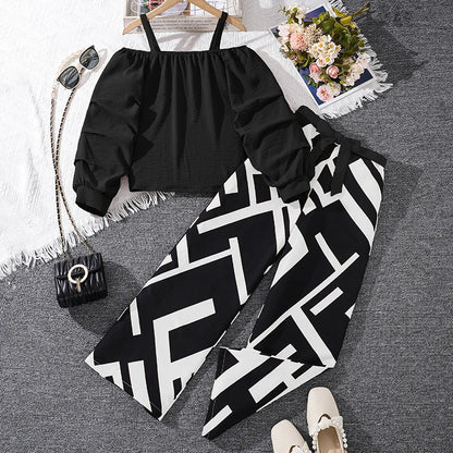 Kids Clothing Sets For Girls Khaki Off-shoulder Long sleeve Top &amp; Stripe Printing Pants Summer Resort Style Children Suits OOTD
