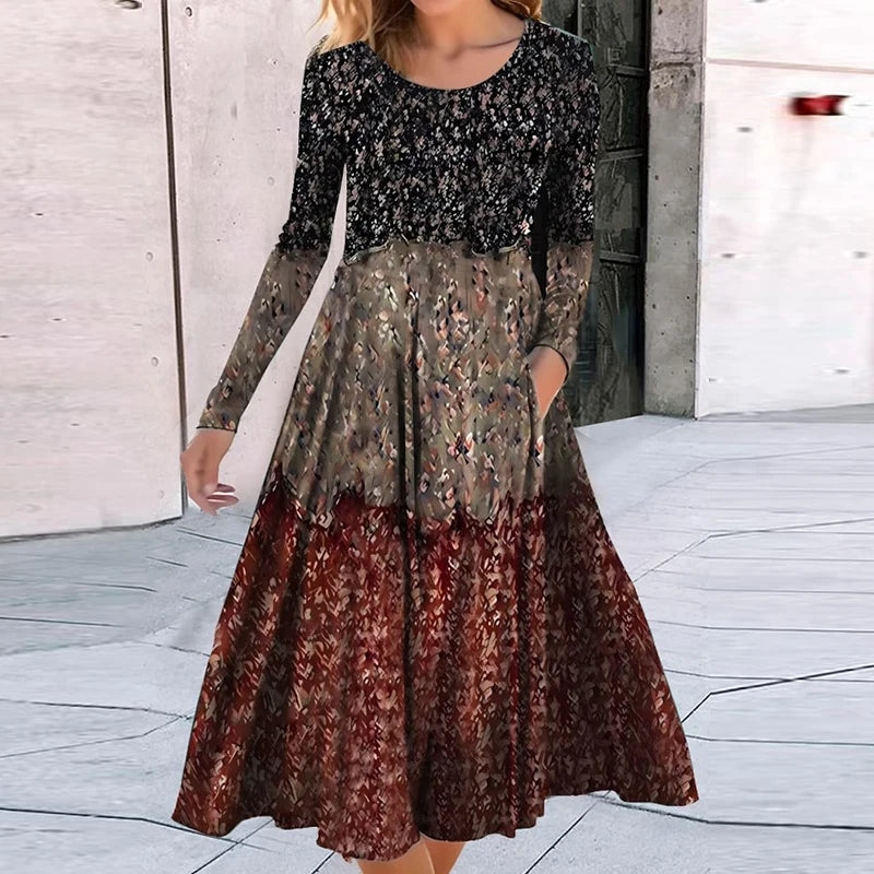 Fashion Bohemian Dresses For Women O Neck Long Sleeve Vintage Print Maxi Long Dress Women Elegant Autumn Dress