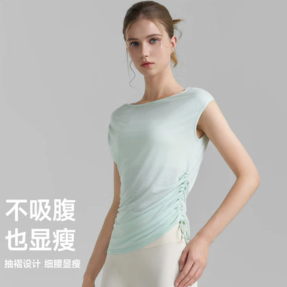 Sleeveless Pleated Cover Shirt with Drawstring, Tight Waist, High-end Feeling, Breathable and Slimming Sports T-shirt