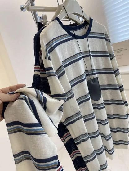 Women Clothes Spring Autumn Fashion Simplicity All-match Striped Color Blocking O-neck Ladies Appear Thin Lazy Wind Long Sleeve