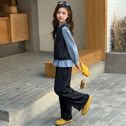 Back To School Clothing for Girls Outfits Set Toddler Kids Vest +Blue Shirt + Pants 3pcs Teens Kids Costumes Spring Autumn 2025