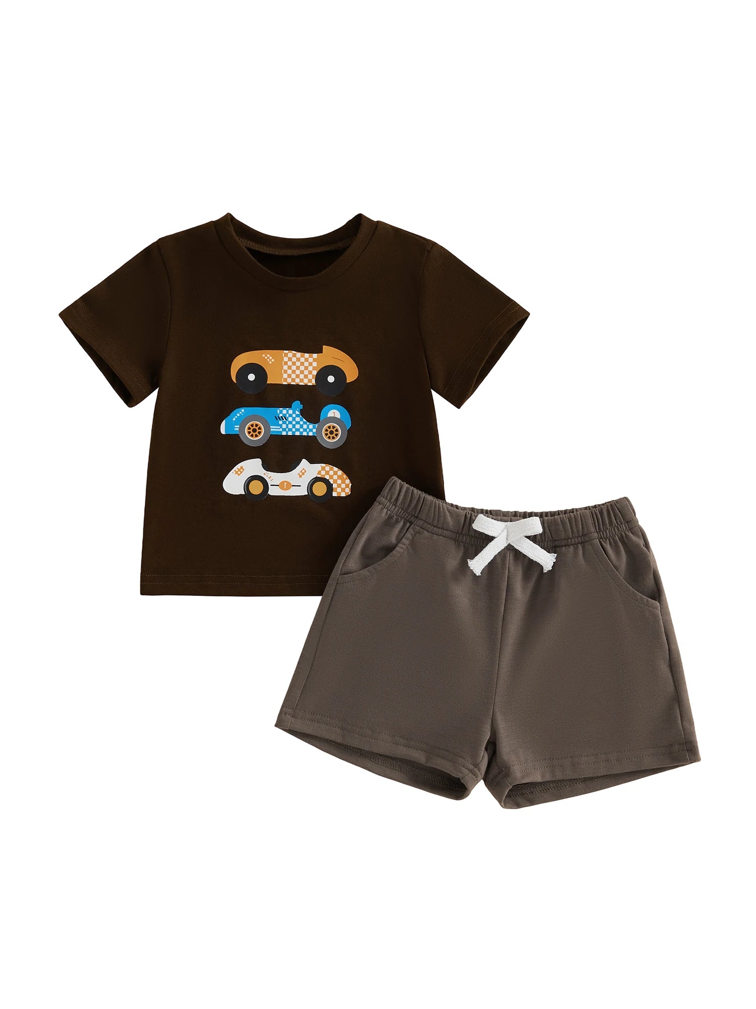 Kids Boys Summer Clothing Sets Short Sleeve O Neck Race Car Print T-shirts Tops and Solid Color Shorts Casual Tracksuits