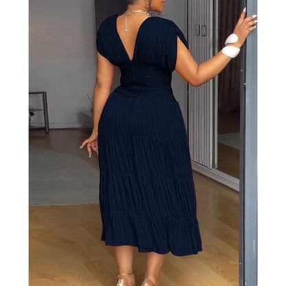 2025 Fashion Women Party Red Dress Textured V Neck Sleeveless Ruched Ruffles Hem Dress Casual Waist A Line Party Midi Dress