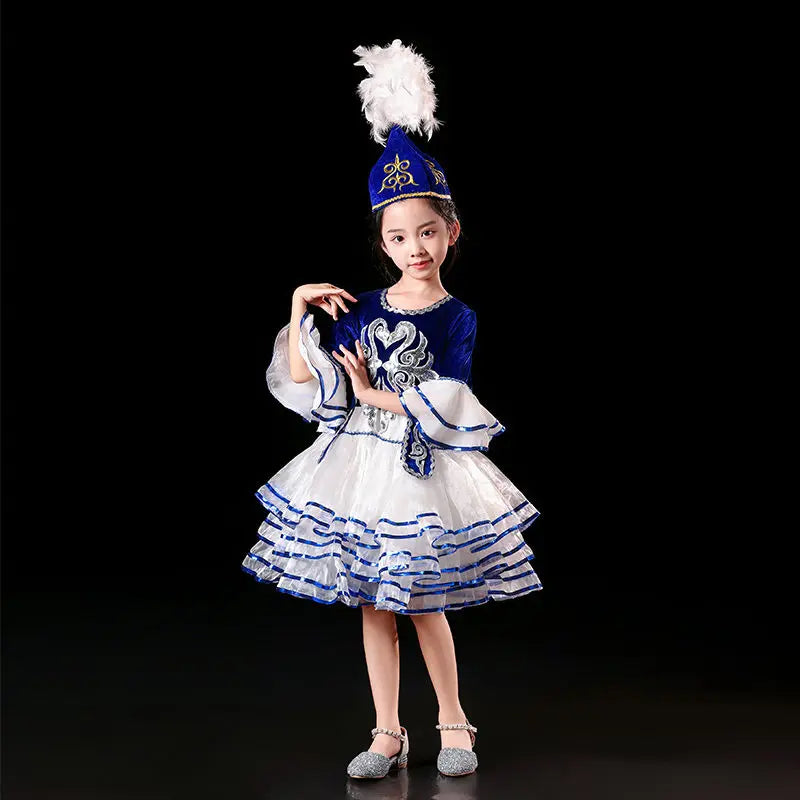 Kazakhstan Dance Costumes For Girls National Clothes Kids Halloween Carnival Clothing Stage Performance Clothing (Hat+Clothes)