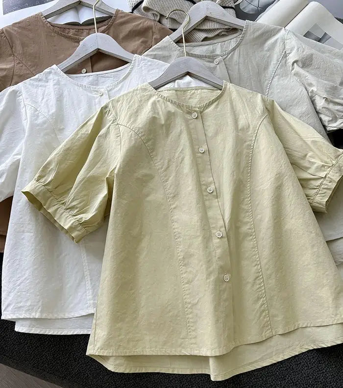 Women Round Neck Blouse Short Sleeve Button Down Loose Casual Solid Color Summer Shirt