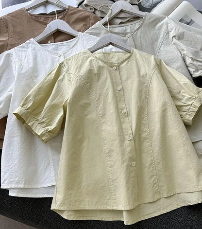 Women Round Neck Blouse Short Sleeve Button Down Loose Casual Solid Color Summer Shirt