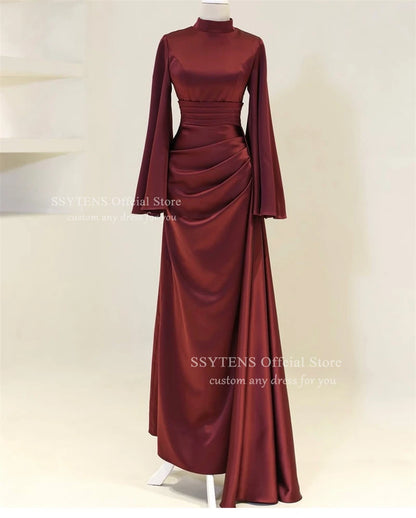 SSYTENS High Collar Muslim Evening Dresses Ruched Dubai Long Sleeves Prom Dresses Pleats Modest Arabia Party Gowns Customized
