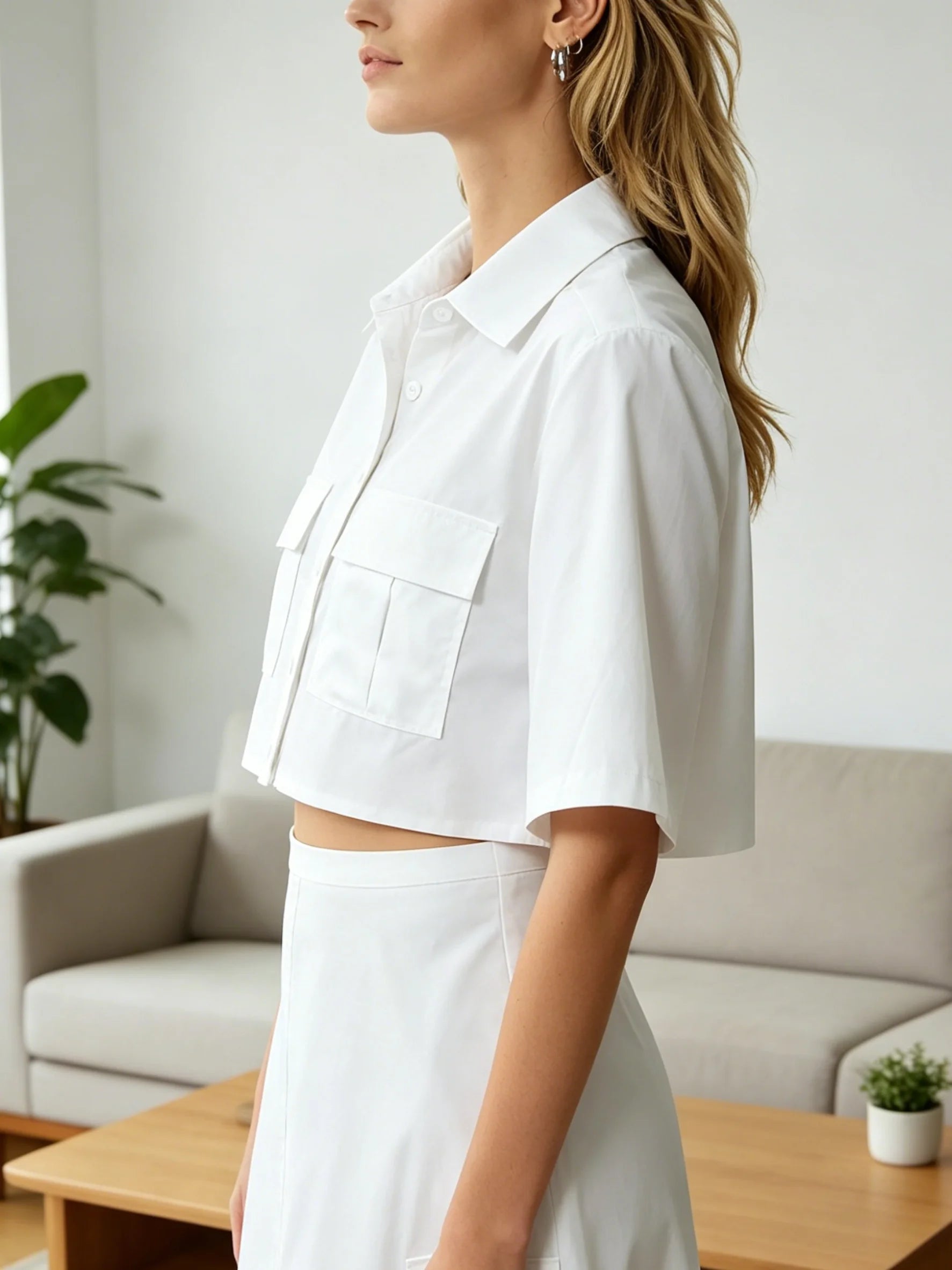 Cropped Button Down Shirt for Women Short Sleeve Collared Blouse with Flap Pockets Casual Office Streetwear Summer Crop Top