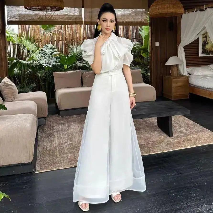 New Fashion Organza Wide Leg Palazzo Pants Women Elegant Summer High Waist Solid Color Office Lady Trousers Clothing