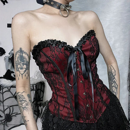 Tube Top Gothic Printed Lace Trim Sleeveless Metal Buttons Lace-up Corsets Tank Top Court Elegant Fairy Grunge Top