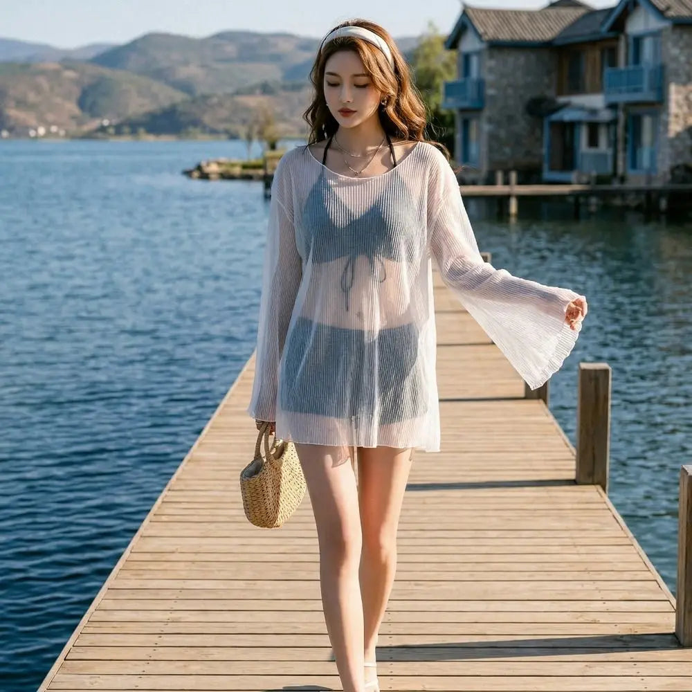Beachwear Ruffles Bikini Set Slim Fit Lace-up Long Sleeve Swimsuit Sun Protection Transparent Pullover 3Pieces Set Swimwear