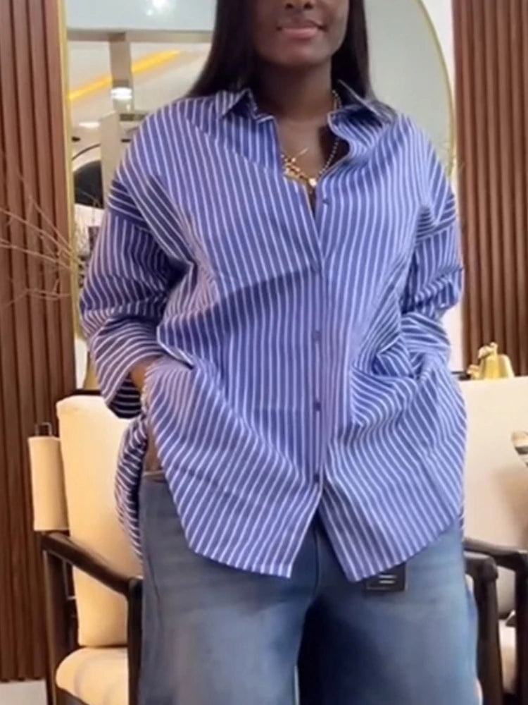 Striped Oversized Button Down Shirts for Women with Wide Three Quarter Sleeve and High Low Hem for Casual Office or Weekend Wear
