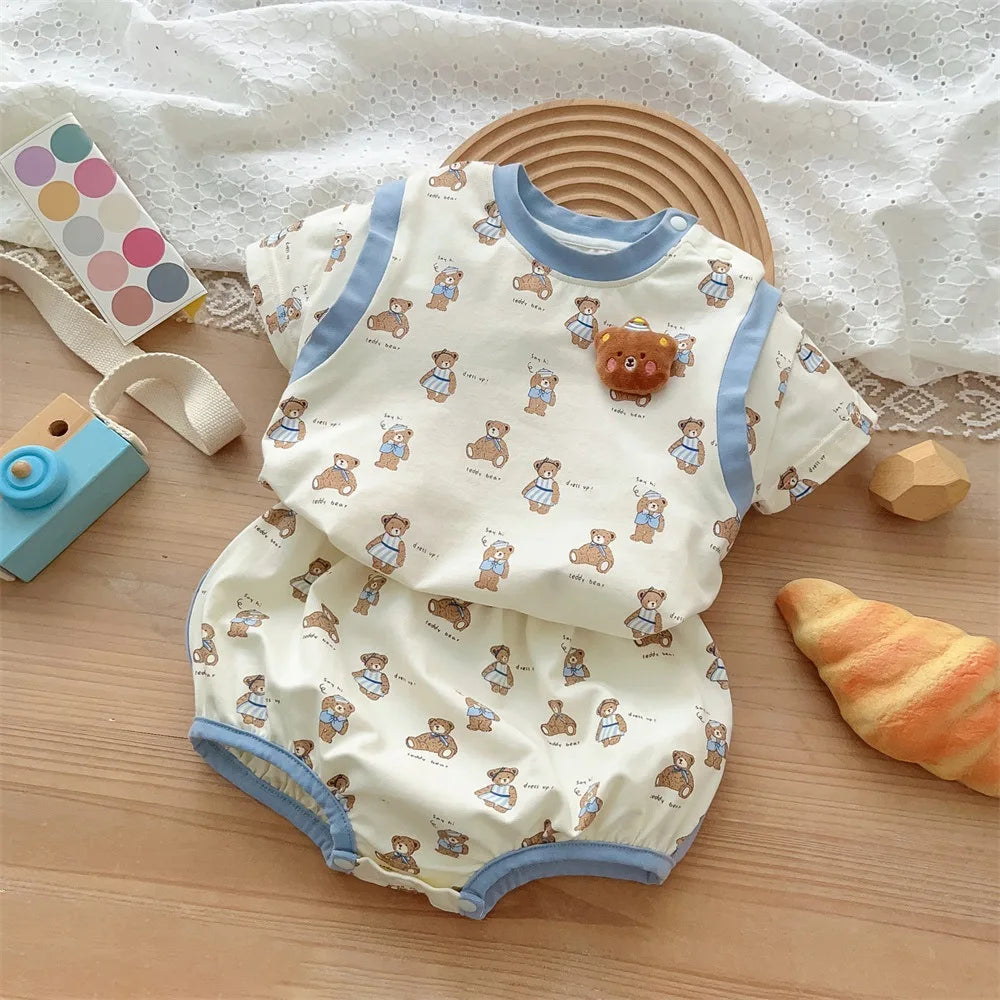 Kids Fashion: Short Sleeve Home Wear Set 2PCS , Thin Style with Cute Bear Prints, A Class Infant Clothing Set for Boys 3M-3Y
