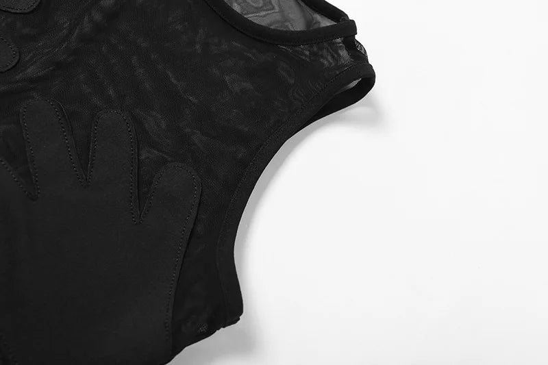 Sleeveless Sexy Tank Top Women Clothing See Through Y2k Accessories O-neck Palms Cute Mini T-shirts Mesh Black Ropa De Mujer