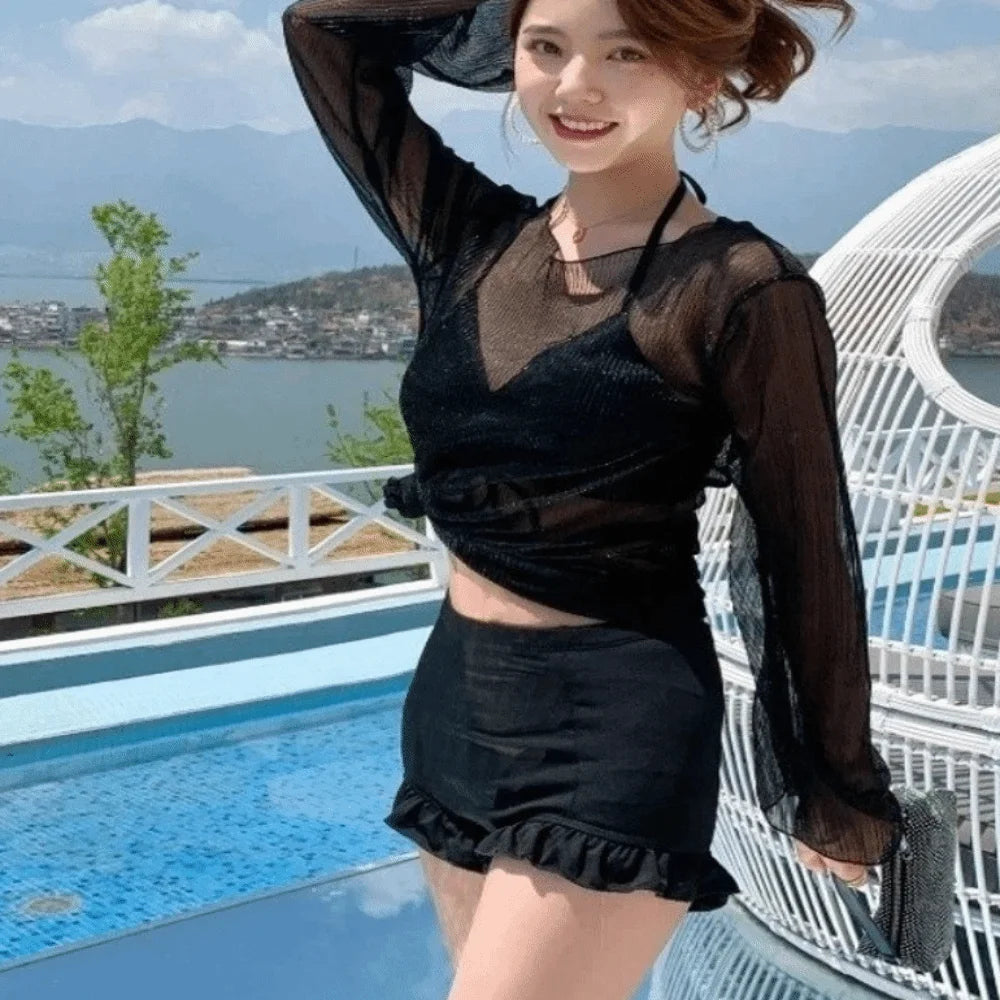 Beachwear Ruffles Bikini Set Slim Fit Lace-up Long Sleeve Swimsuit Sun Protection Transparent Pullover 3Pieces Set Swimwear