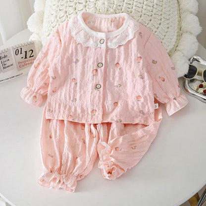 Summer Child Clothing Sets in Air-conditioned Room Girls Breathable Comfortable Long Sleeve Lace Home Clothes Sets Kids Pajamas