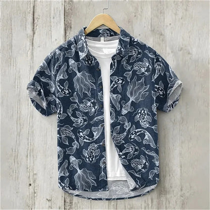 Linen Shirt for Men, 3D Print, Retro Japanese Art, Short Sleeve, Flip Collar, Casual Hawaii, Loose Beach Top, Pond, Fish, New,