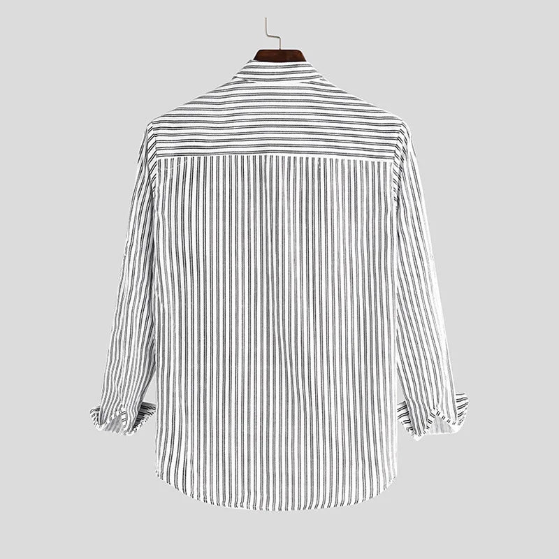 British Style Striped Cotton Linen Shirts For Men Long Sleeve Stand Collar Tops Spring Autumn Fashion Comfort Shirts Streetwear