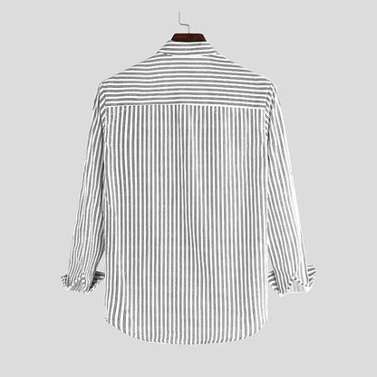 British Style Striped Cotton Linen Shirts For Men Long Sleeve Stand Collar Tops Spring Autumn Fashion Comfort Shirts Streetwear