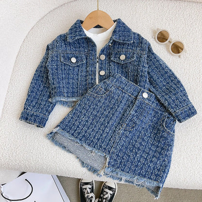 Kids Boutique Clothing New Autumn 2 Pieces Sets Girls Tops Jeans Coat Turn Down Collar Short All-match Fashion Preppy Style