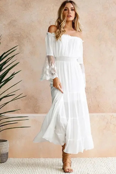 Sundress Swing Dress Women Elegant Long Sleeve Drawstring Slash Neck Lace Pleated Ruffle Loose Vacation Party Dresses Vestidos