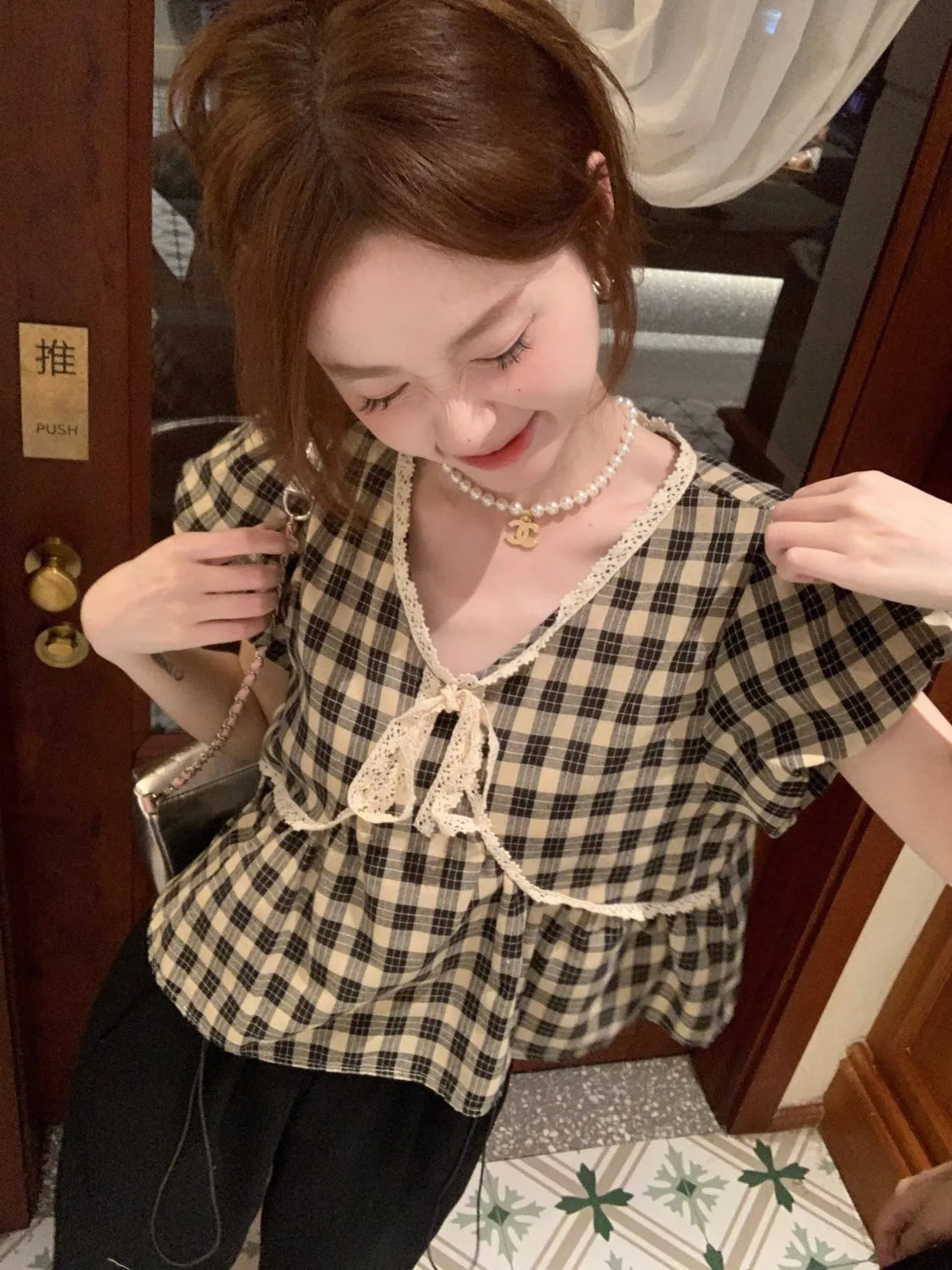 Blouses Women Plaid Vintage Literary Summer Short-sleeve Sweet Crop Tops Lace-up Aesthetic Prairie Chic Students French Style