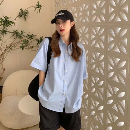 Short Sleeve Shirts Women Solid Cool Unisex College Рубашки Korean Style All-match Basic Mujer De Moda Prevalent Stylish Ins New