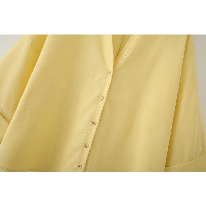 Womens Button Down Linen Shirts V Neck Roll Up Cuffed Sleeve Blouses Loose Collared Shirt Casual Formal Work Office Tops
