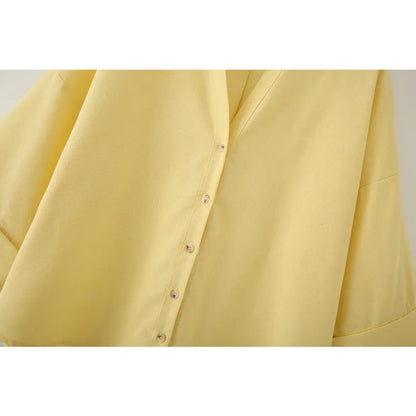 Womens Button Down Linen Shirts V Neck Roll Up Cuffed Sleeve Blouses Loose Collared Shirt Casual Formal Work Office Tops