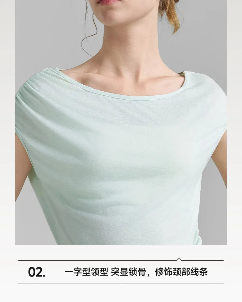 Sleeveless Pleated Cover Shirt with Drawstring, Tight Waist, High-end Feeling, Breathable and Slimming Sports T-shirt