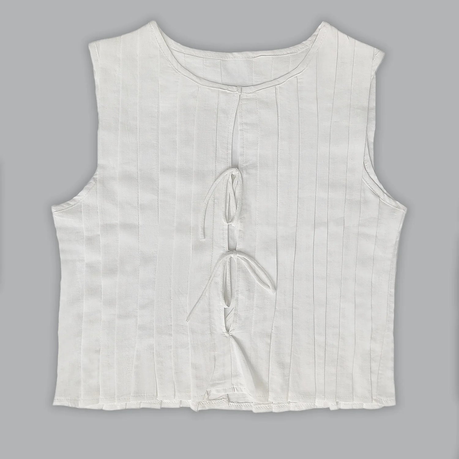 Fashion Bow Lace Up Shirts Women Cotton Linen Hollow Out Sleeveless Pleated Blouses Woman 2025 Summer New Casual Lady White Tops