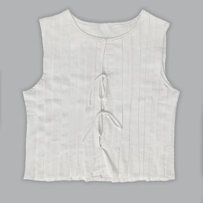 Fashion Bow Lace Up Shirts Women Cotton Linen Hollow Out Sleeveless Pleated Blouses Woman 2025 Summer New Casual Lady White Tops