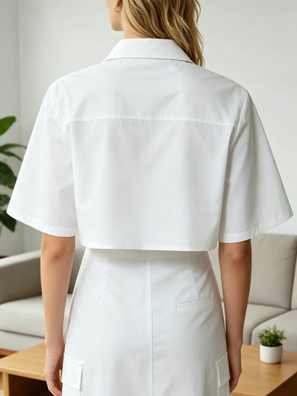 Cropped Button Down Shirt for Women Short Sleeve Collared Blouse with Flap Pockets Casual Office Streetwear Summer Crop Top