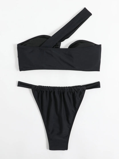 Bikini Set Women Sexy Sleeveless One Shoulder Swimsuit Two-Piece Swimwear 2025 Summer New Fashion Solid Color Bathing Beachwear