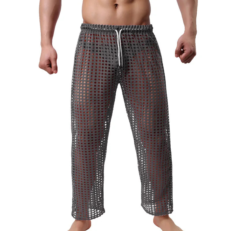 Mens Pajamas Sexy Mesh See Through Long Pants Sleepwear Fishnet Hollow Out Fitness Trousers Sleep Bottoms Sexy Underwear