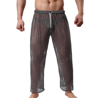 Mens Pajamas Sexy Mesh See Through Long Pants Sleepwear Fishnet Hollow Out Fitness Trousers Sleep Bottoms Sexy Underwear