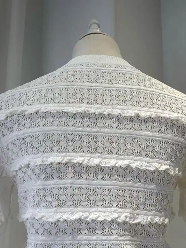 Women White Fashion Set short sleeve knit sweater tops + high waist fashion midi skirt