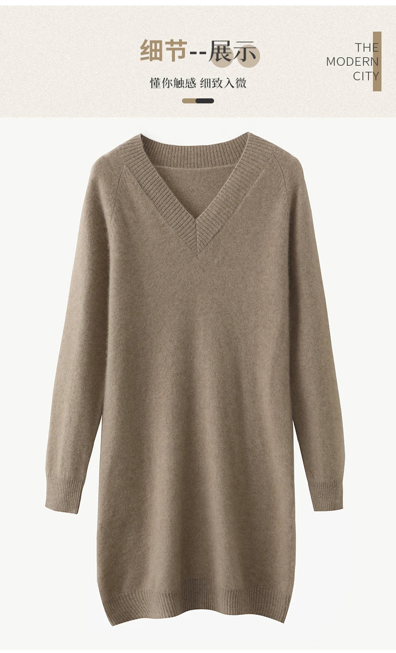 Fashion Autumn Winter Dress Women100%Merino Wool V-neck Long-sleeved Dress Women&