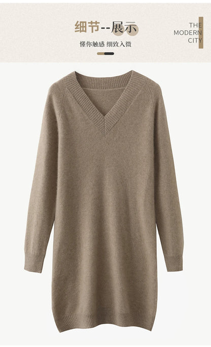 Fashion Autumn Winter Dress Women100%Merino Wool V-neck Long-sleeved Dress Women&